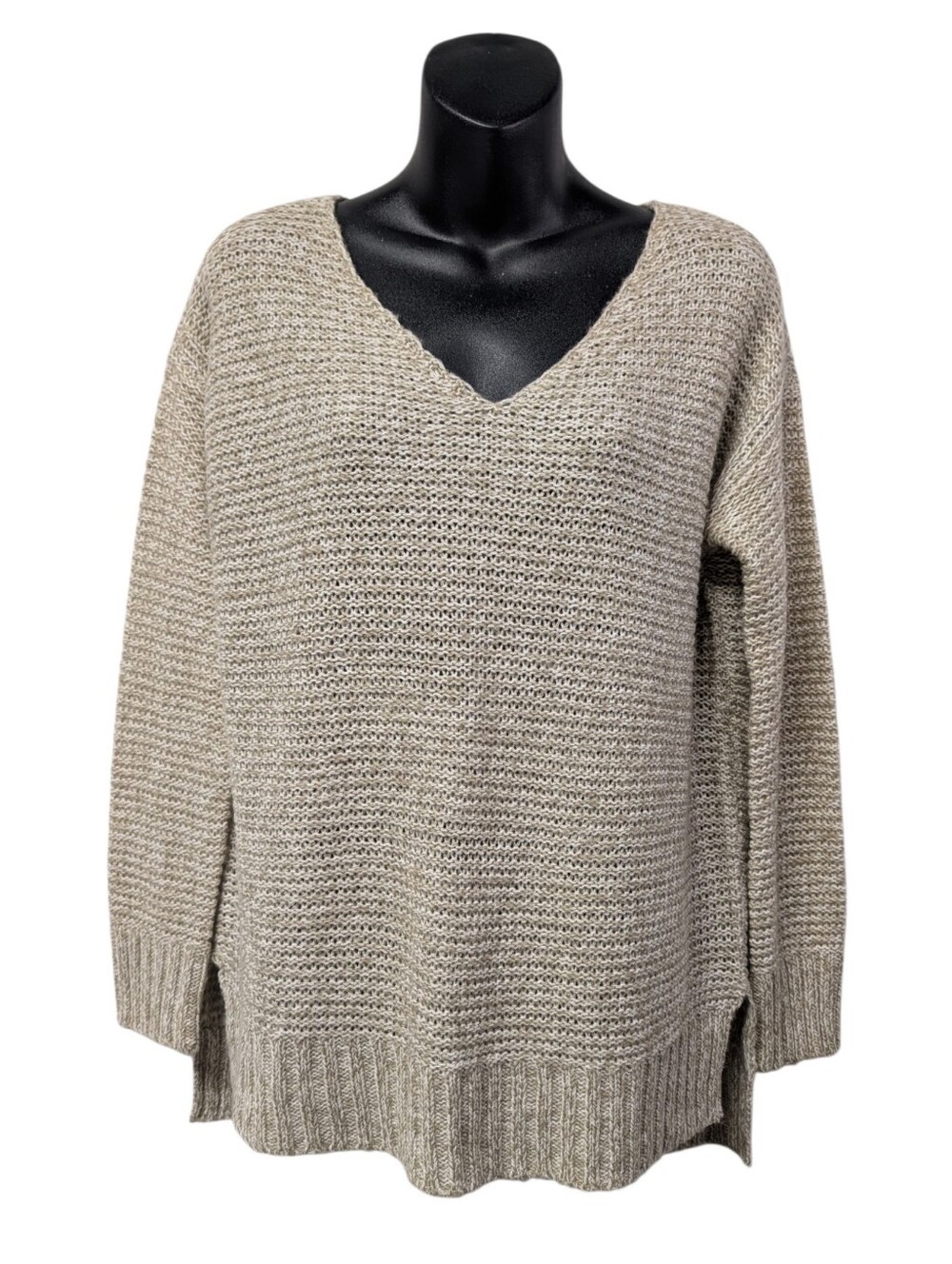 RD Style Womens Beige Knit V-Neck Pullover Sweater Long Sleeve Side Slits Sz S